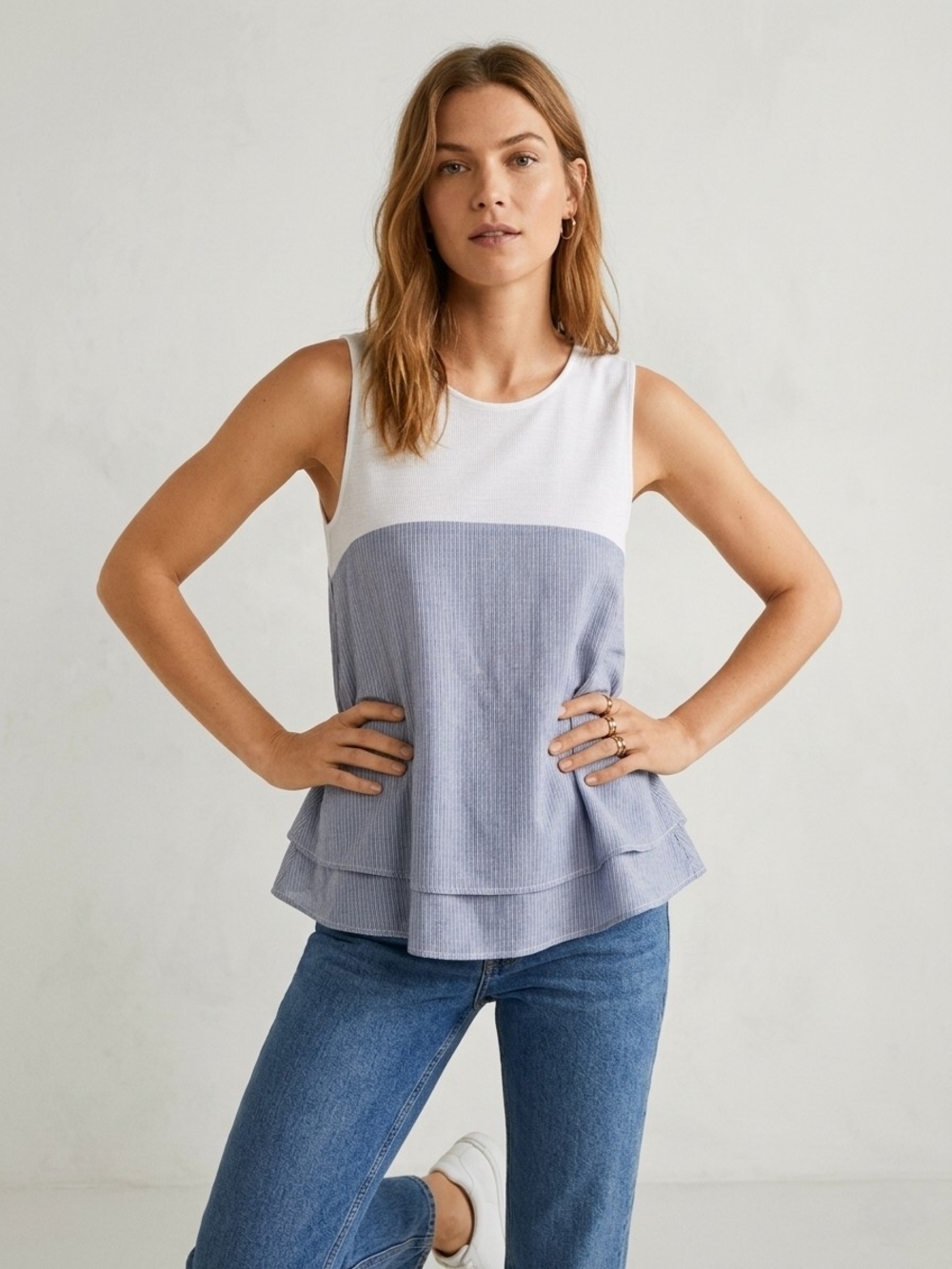 Mango Suit Two-Tone Ruffle Hem Tank Top - White & Light Blue
